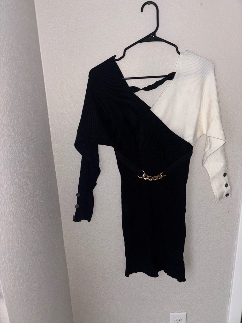 One-Shoulder Black & White Knit Dress with Gold Chain Accent